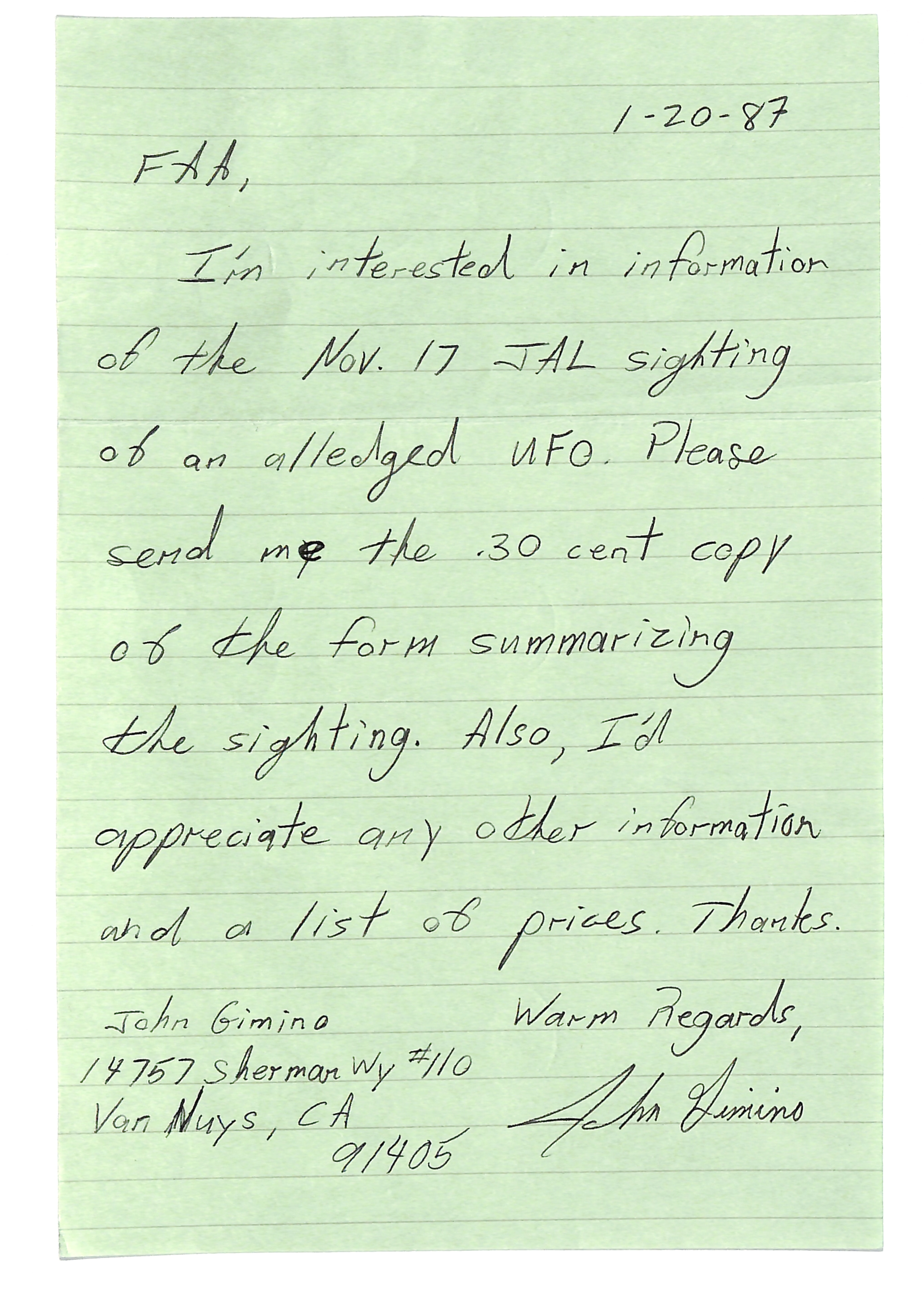 Information Releases Relating to Unidentified Flying Object